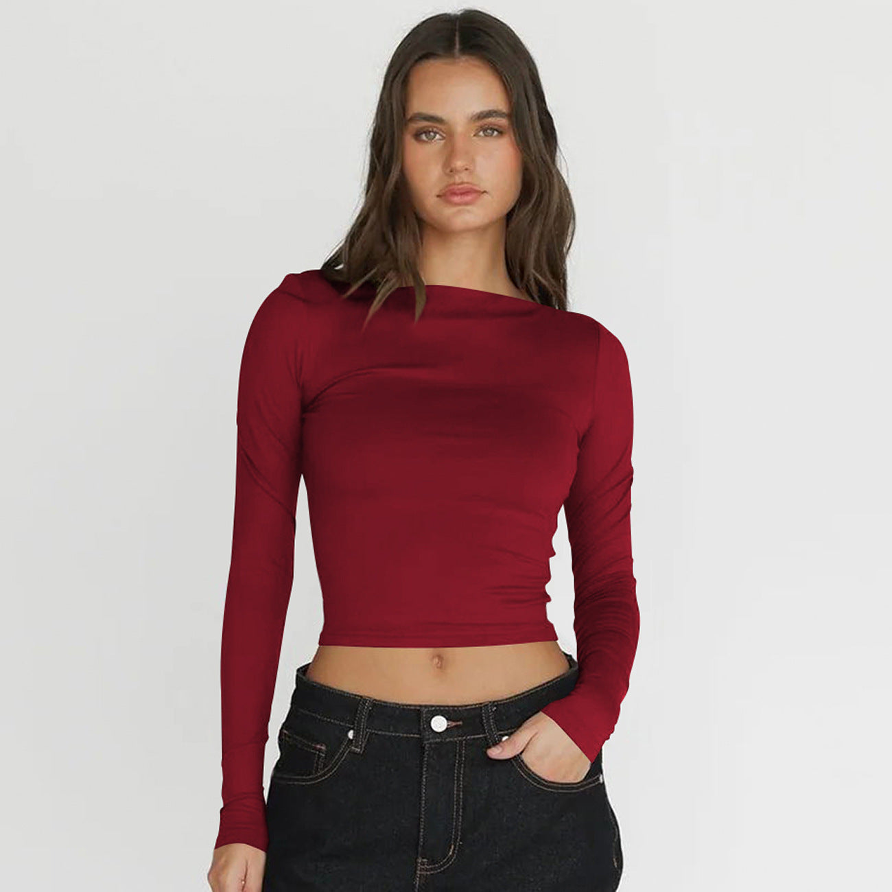 Off-neck Navel Solid Color Versatile Top