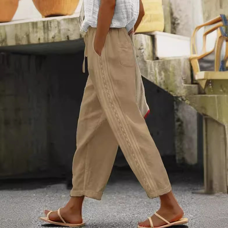 Stitching Women's Clothes Casual Pants Elegant Cotton And Linen Ol Cropped Pants