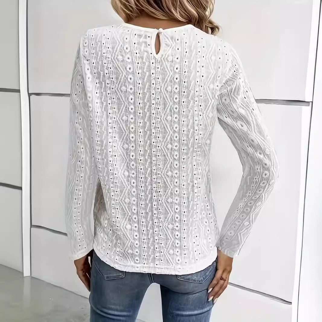 Elegant Fashion Solid Color Lace Stitching Hollow-out Long Sleeve T-shirt