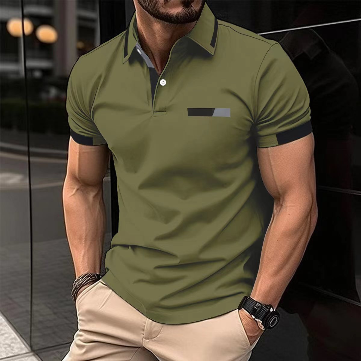 Men's Casual Polo Shirt Chest Faux Pocket Lapel Button Business T-shirt