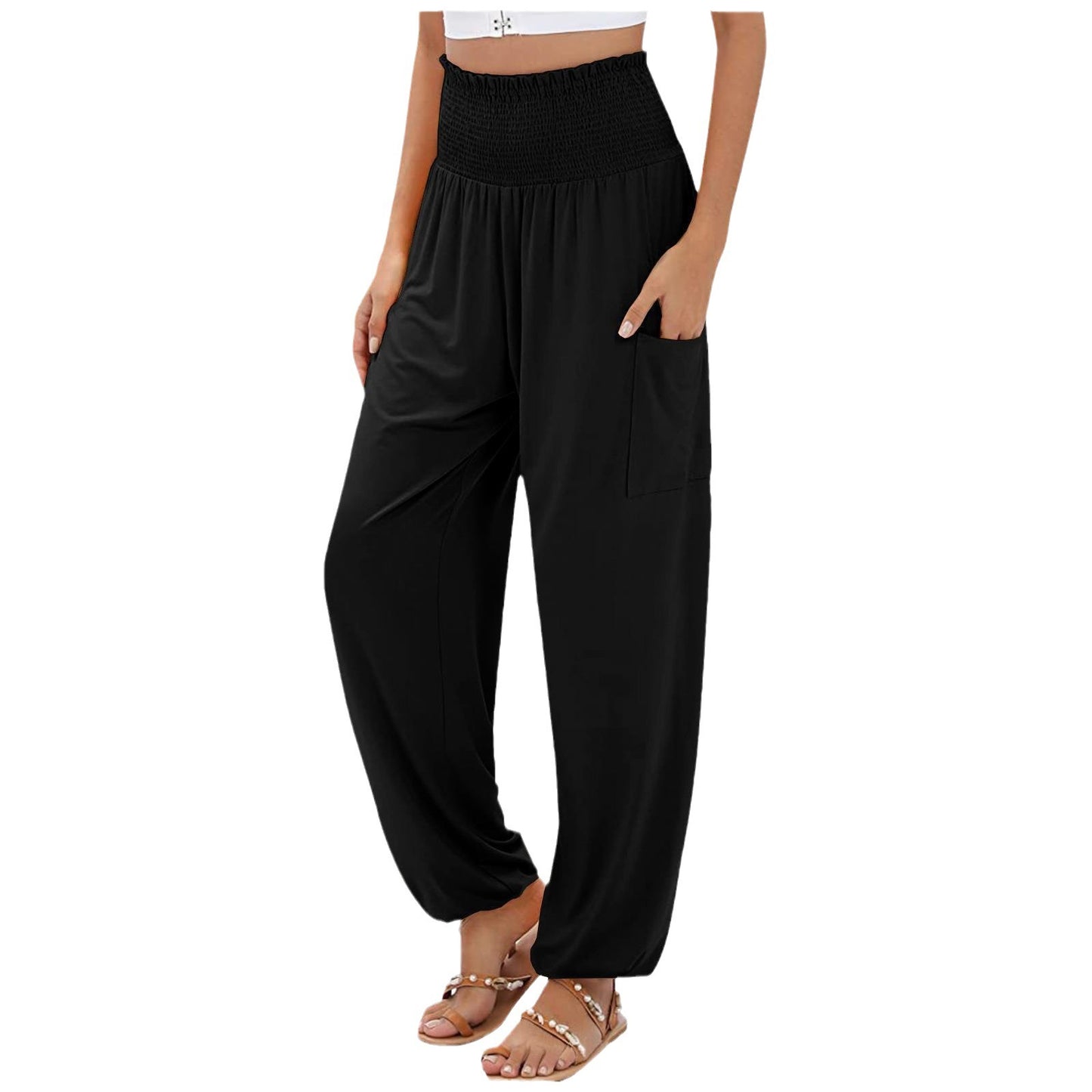 Elastic-waist High Waist Wide-leg Casual Trousers