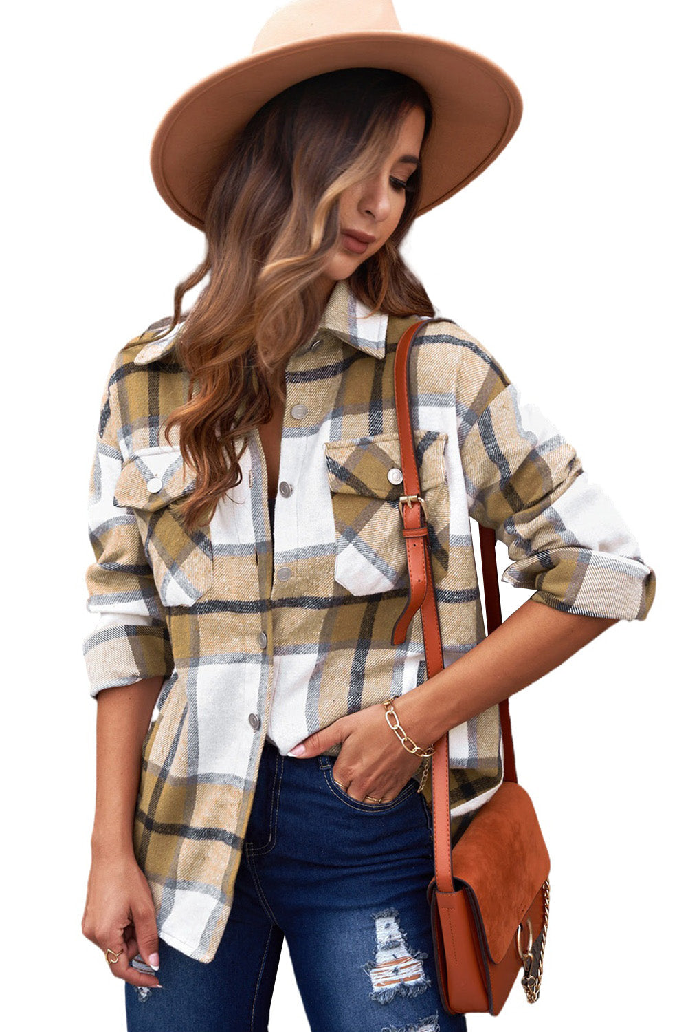 Khaki Button-up Pocket Plaid Shacket