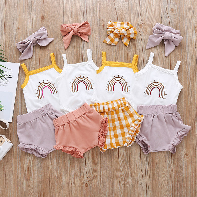 Fashion Three-Piece Baby Girl Romper Plaid Shorts