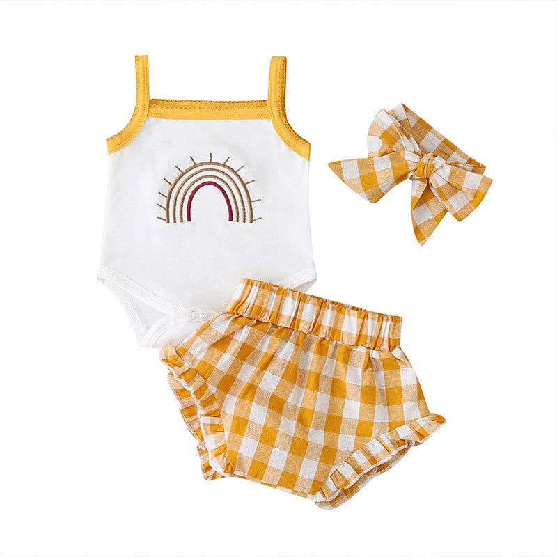 Fashion Three-Piece Baby Girl Romper Plaid Shorts