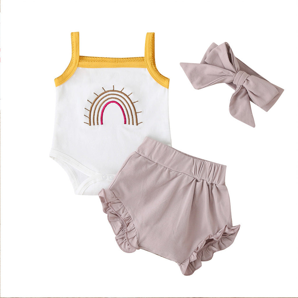 Fashion Three-Piece Baby Girl Romper Plaid Shorts