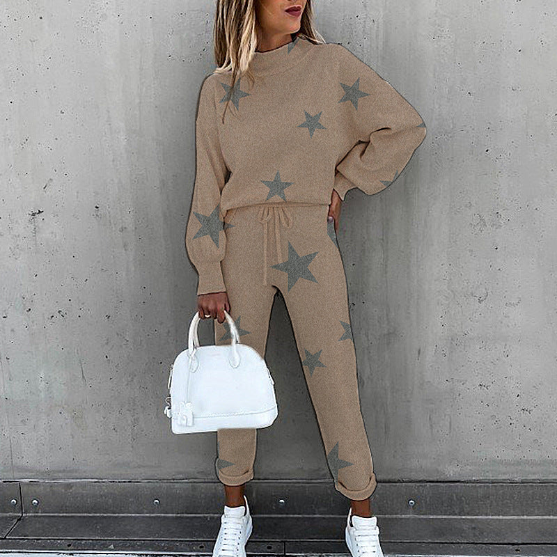 Fashion high collar casual solid color trousers two-piece suit