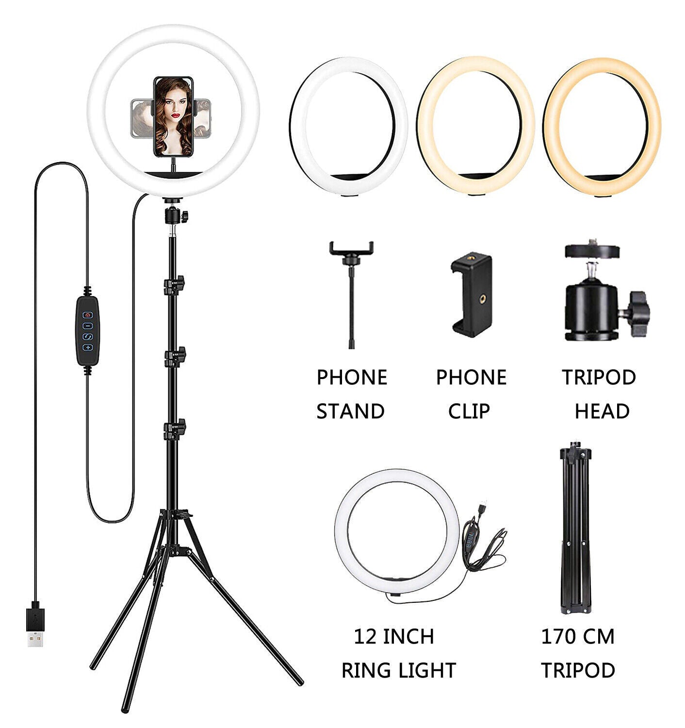 14'' LED Selfie Ring Light with 1.7M Tripod Stand Cell Phone Holder Makeup Live