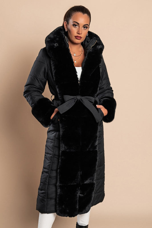 Long padded winter jacket with faux fur, black