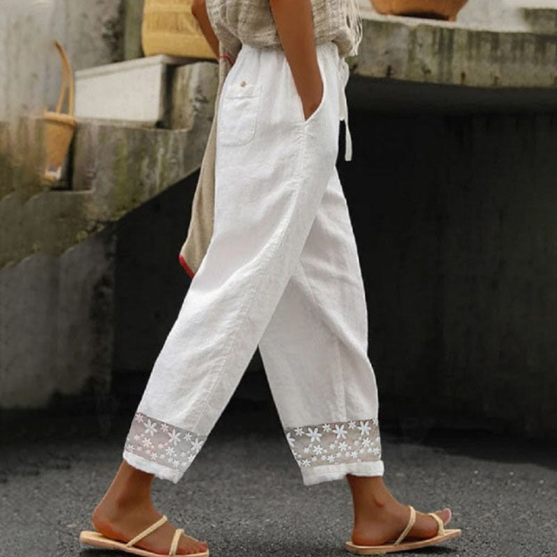 Cotton And Linen Trousers Elastic Waist Ankle-length Pants Stitching Lace