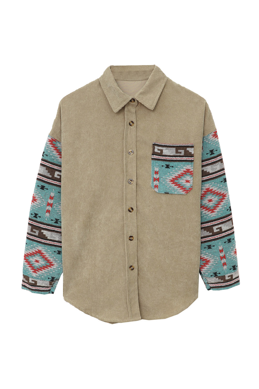 Aztec Pattern Sleeve Khaki Corduroy Shacket