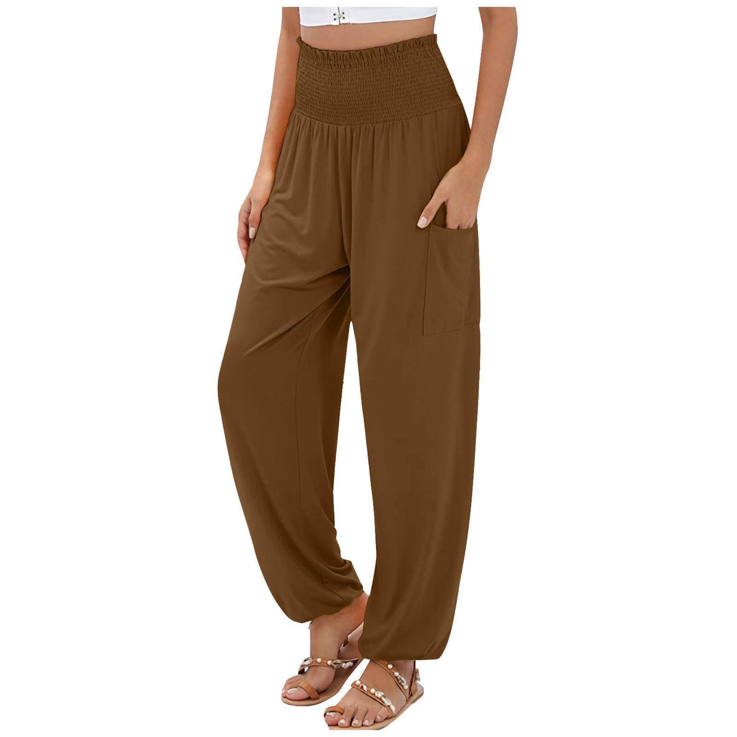 Elastic-waist High Waist Wide-leg Casual Trousers