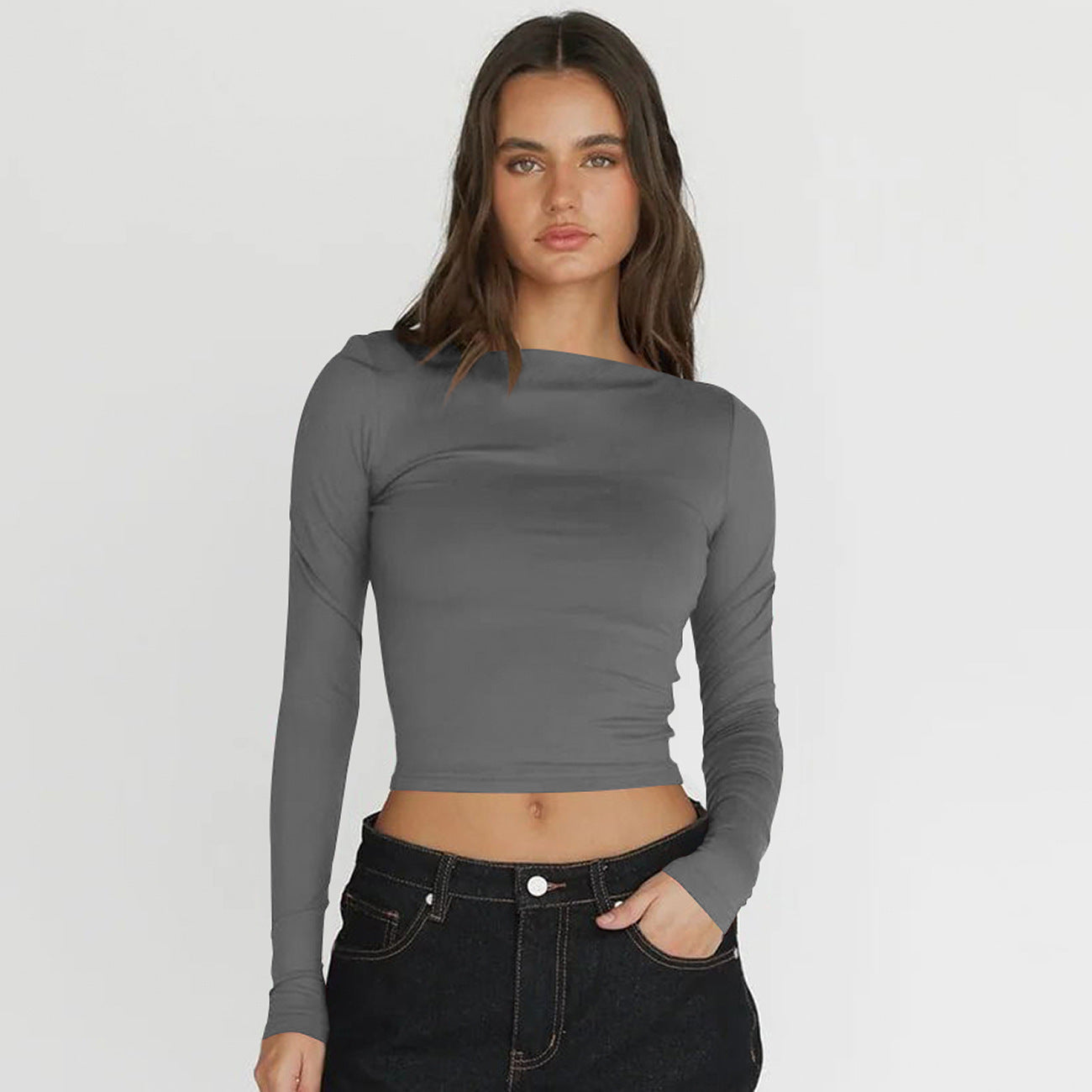 Off-neck Navel Solid Color Versatile Top