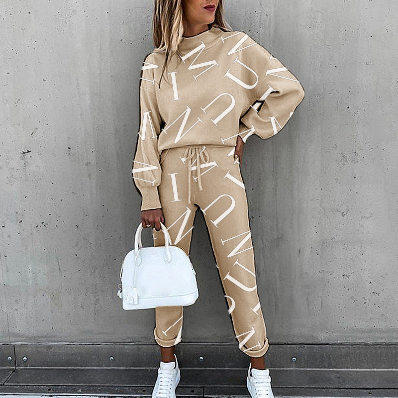 Fashion high collar casual solid color trousers two-piece suit