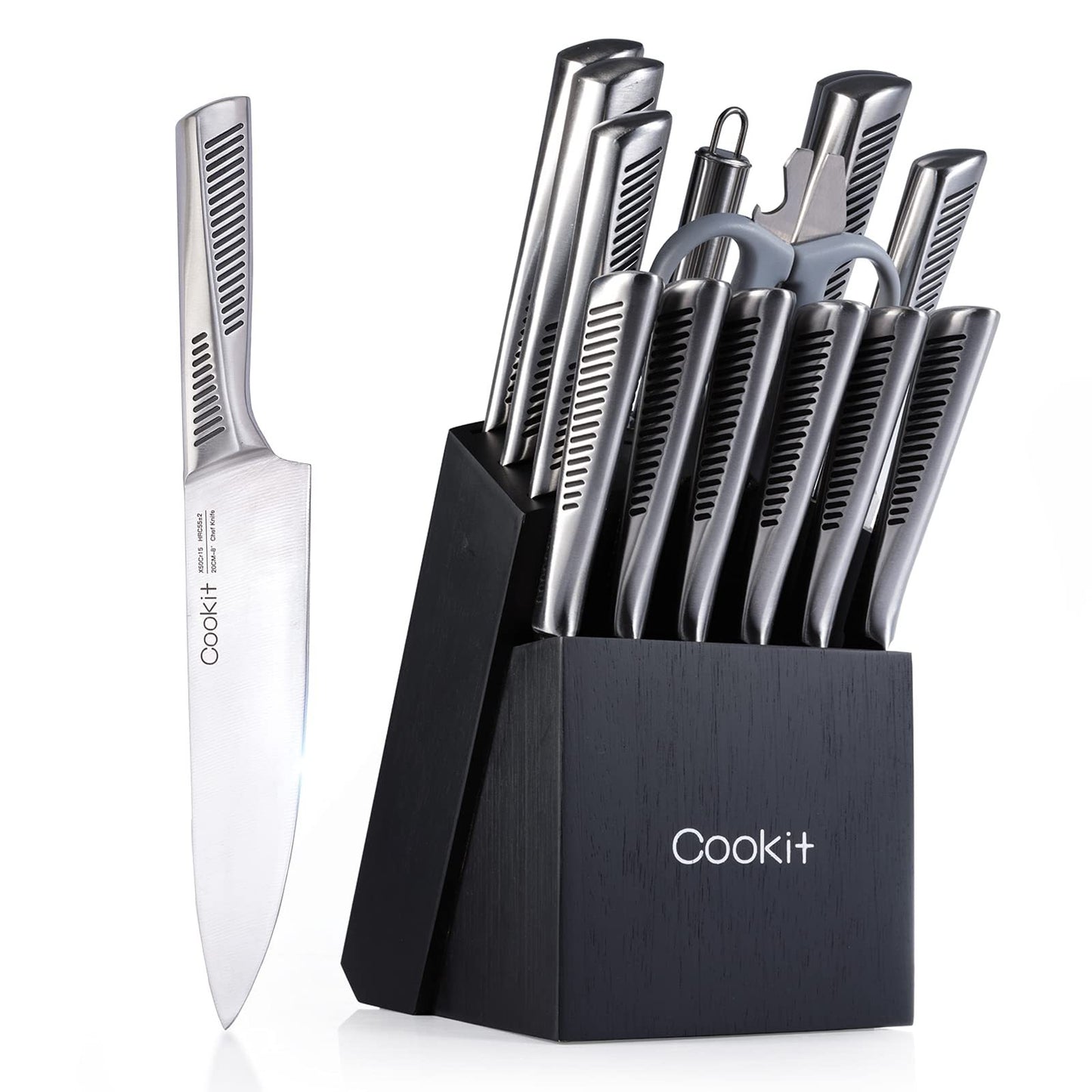 15 Piece Knife Sets with Block, Chef Knives with Non-Slip German Stainless Steel