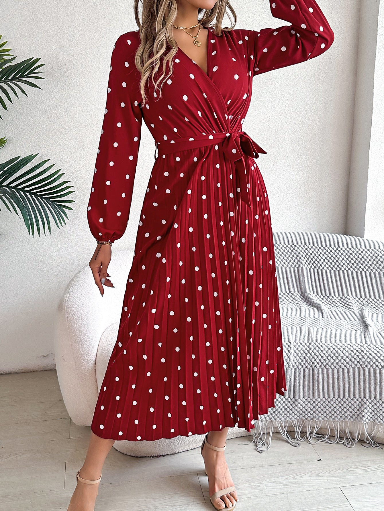 Elegant Contrast Color Polka Dot Cross V-neck Pleated Maxi Dress For Women