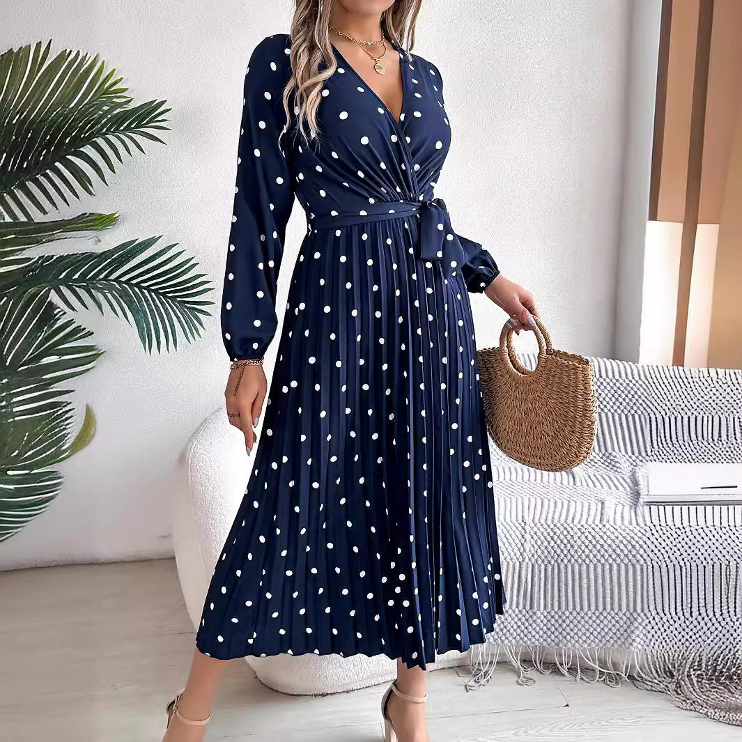 Elegant Contrast Color Polka Dot Cross V-neck Pleated Maxi Dress For Women