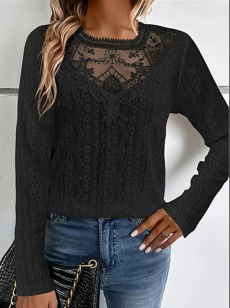 Elegant Fashion Solid Color Lace Stitching Hollow-out Long Sleeve T-shirt