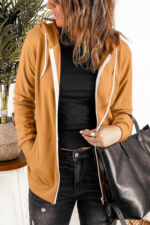 Zip-Up Pocket Drawstring Brown Hoodie Jacket