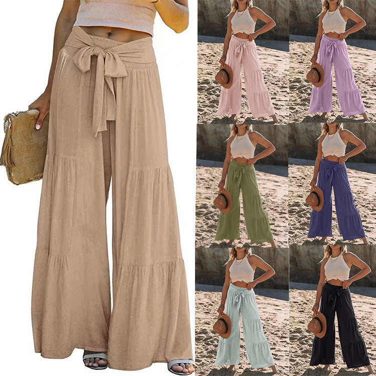 Women's Fashion Tie Stitching High Waist Crimp Casual Loose Pants