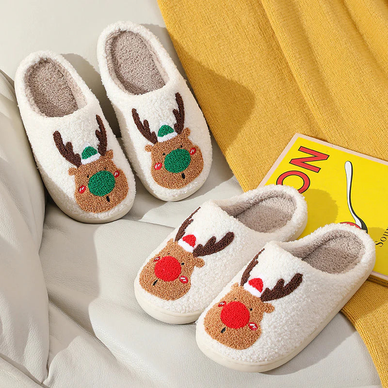 Cozy Winter Home Slippers with Elk Design - Soft, Plush Bedroom Slipper for Women, Men - Slip on House Shoes for Warmth and Comfort - Ideal Christmas Gift