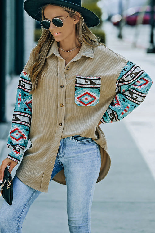 Aztec Pattern Sleeve Khaki Corduroy Shacket