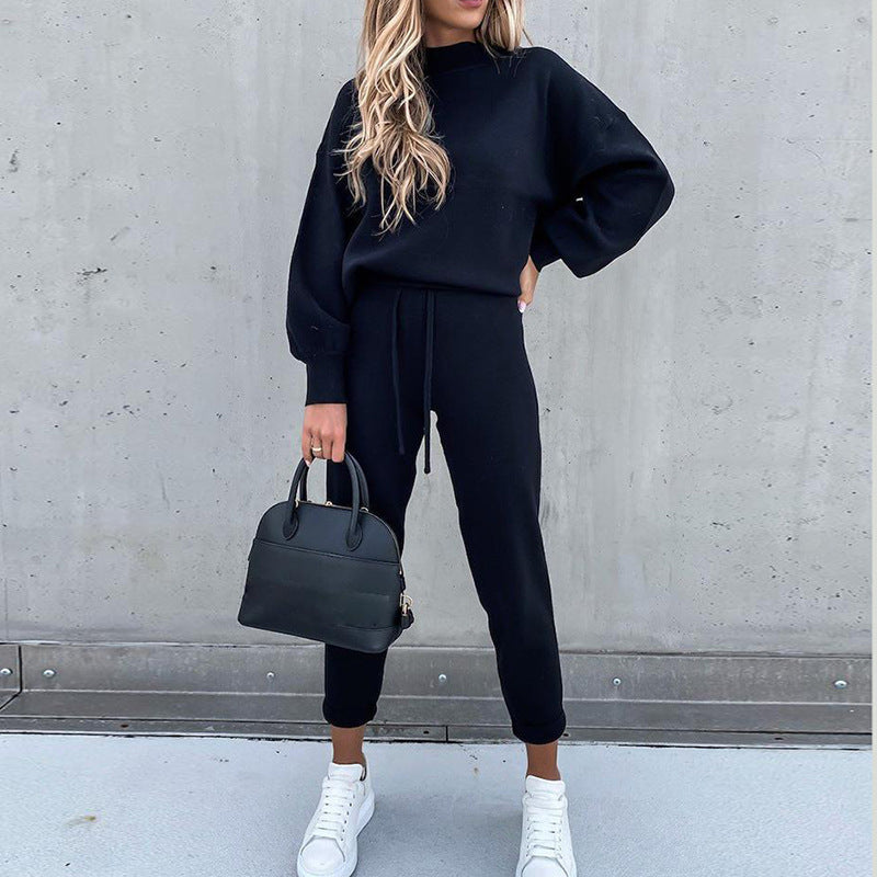 Fashion high collar casual solid color trousers two-piece suit