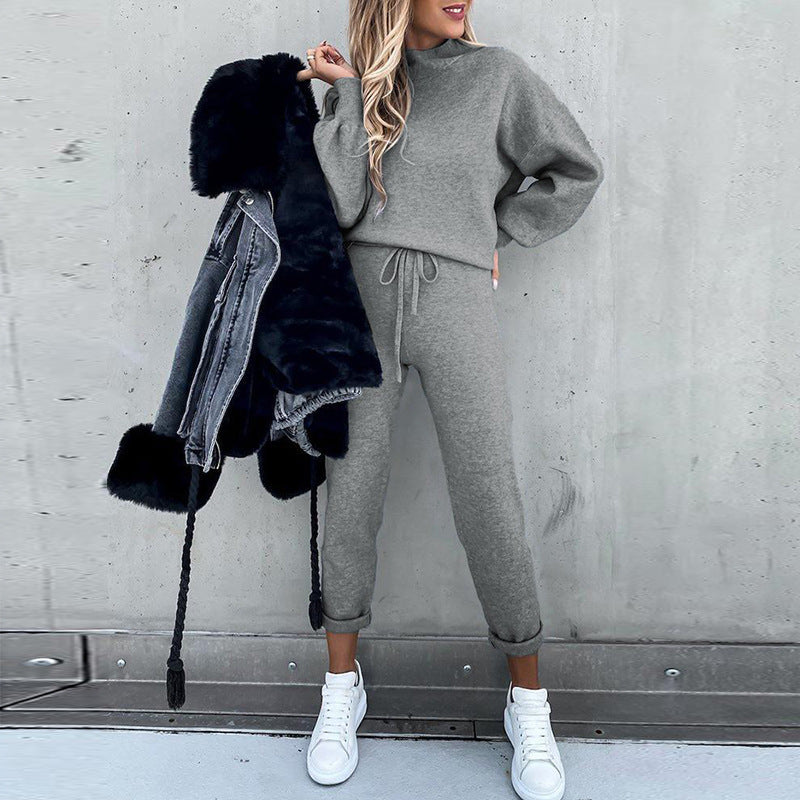 Fashion high collar casual solid color trousers two-piece suit