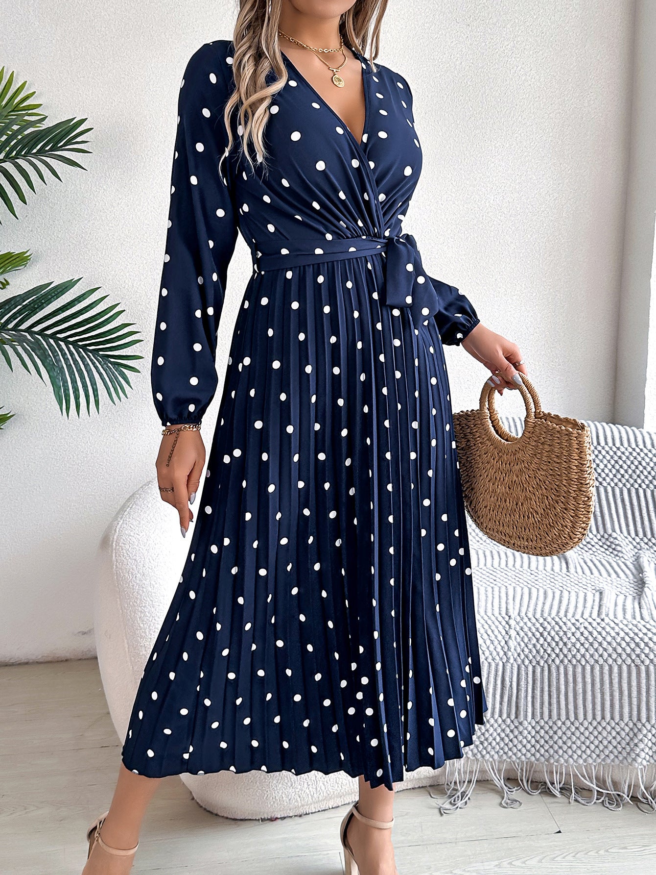 Elegant Contrast Color Polka Dot Cross V-neck Pleated Maxi Dress For Women