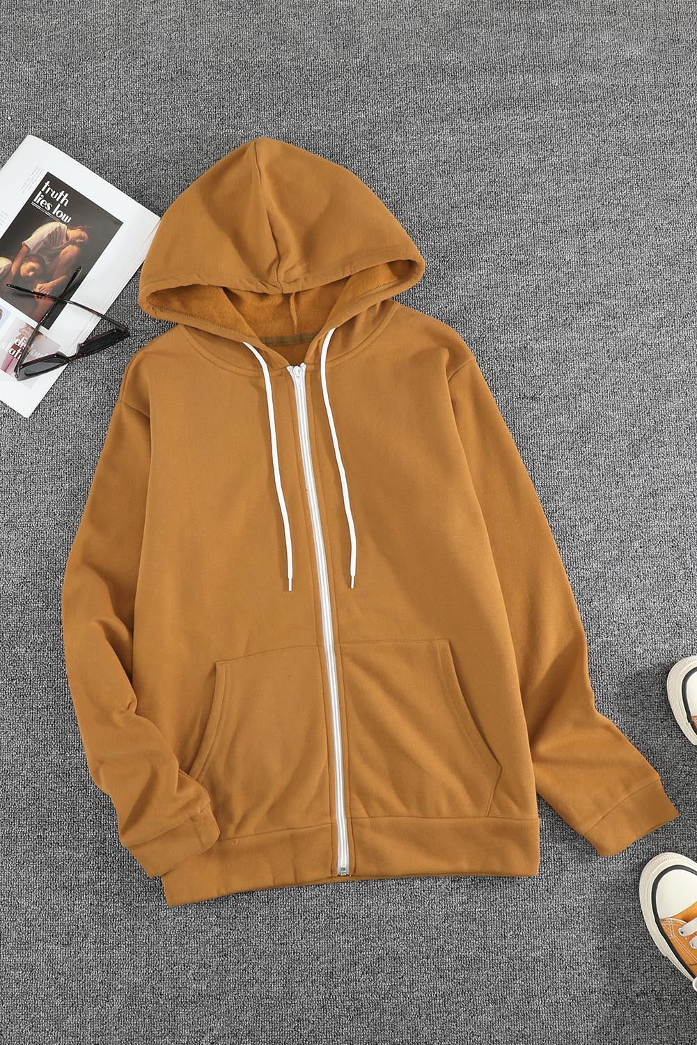 Zip-Up Pocket Drawstring Brown Hoodie Jacket