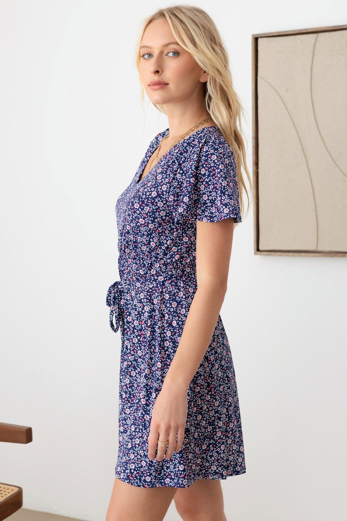 Floral V-Neck Front Tie Short Sleeve A-Line Dress