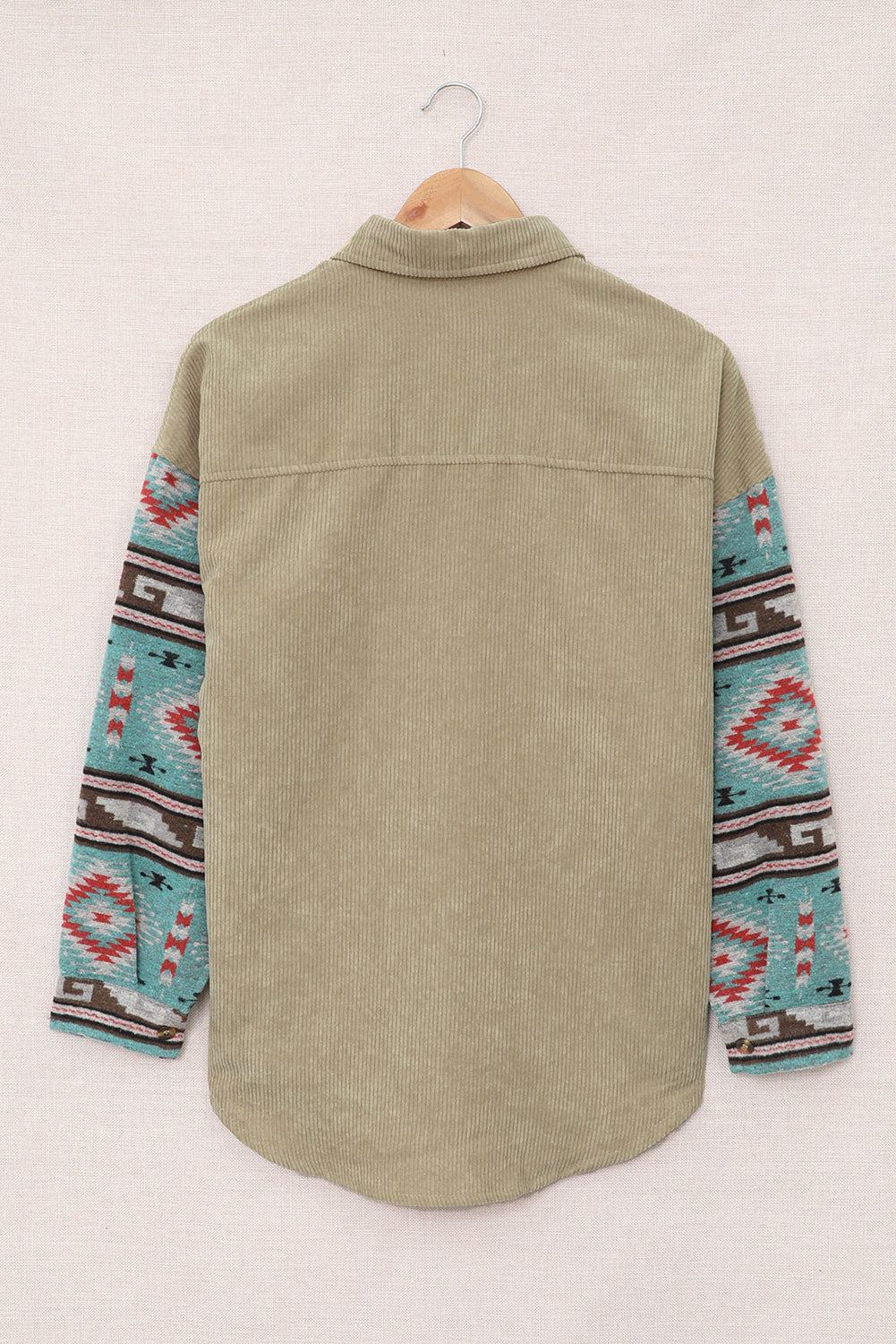 Aztec Pattern Sleeve Khaki Corduroy Shacket