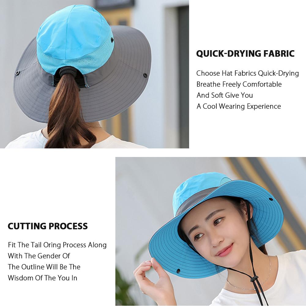 Womens UV Protection Wide Brim Sun Hats Cooling Mesh Ponytail Hole Cap