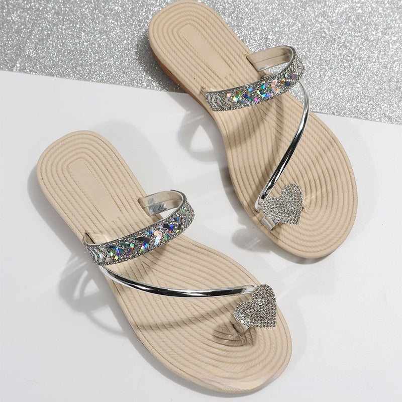 Rhinestone Heart-shaped Flip-flops Minimalist Flat