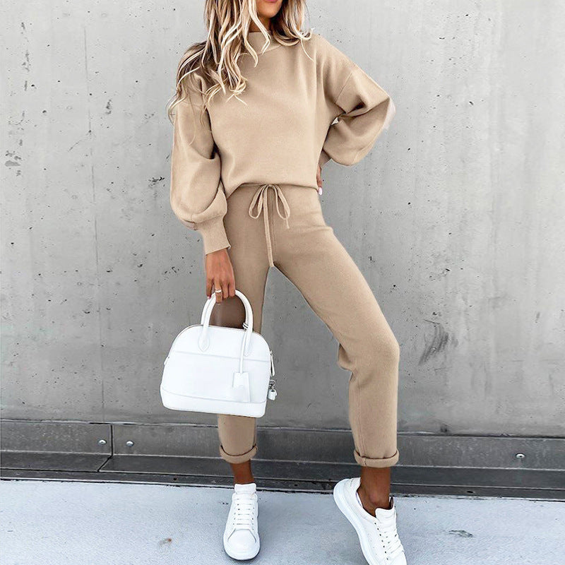 Fashion high collar casual solid color trousers two-piece suit