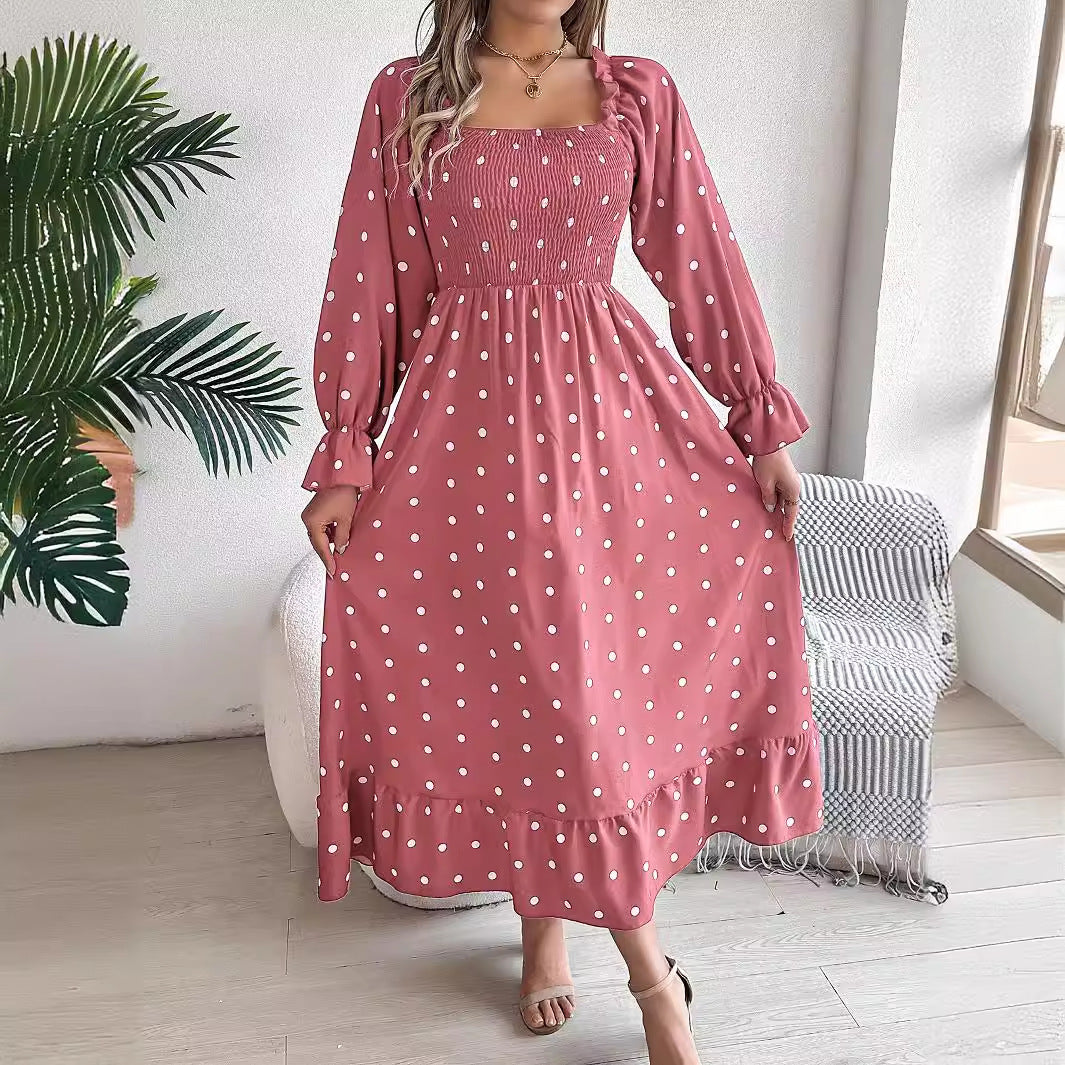 Casual Square Collar Polka Dot Swing Dress With Wooden Ears