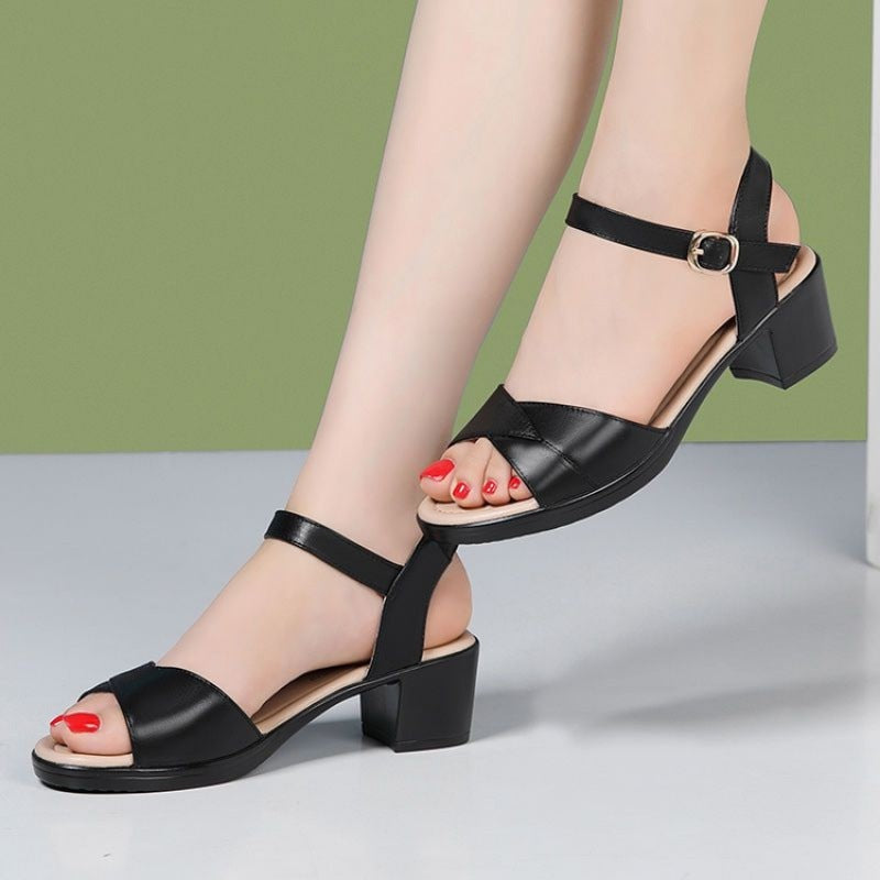 Mid Heel 3-5cm Chunky Heel Open Toe Rubber Sandals Ankle-strap Buckle PU