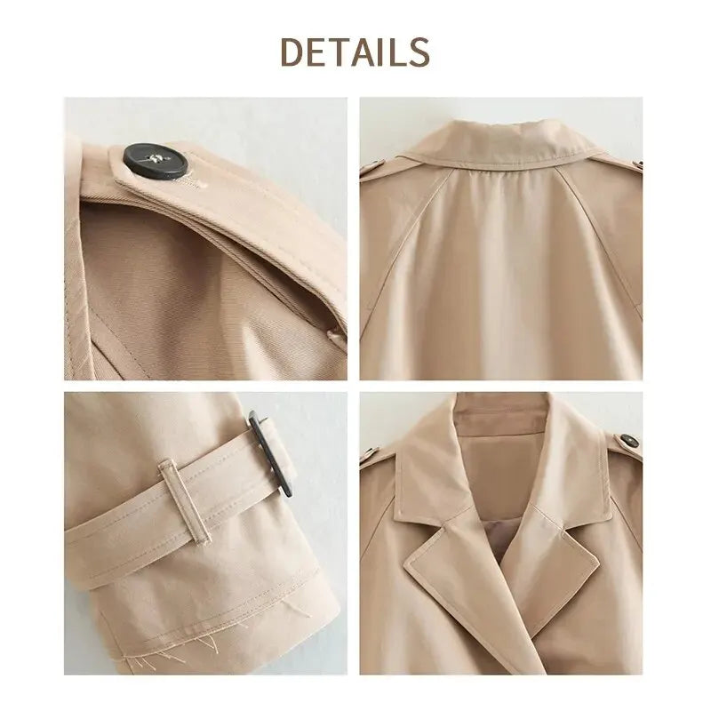 Khaki Women'S Casual Lapel Double Breasted Trench Jacket Autumn Winter Fashion Jacket Cropped Pea Coat Outwear with Belt