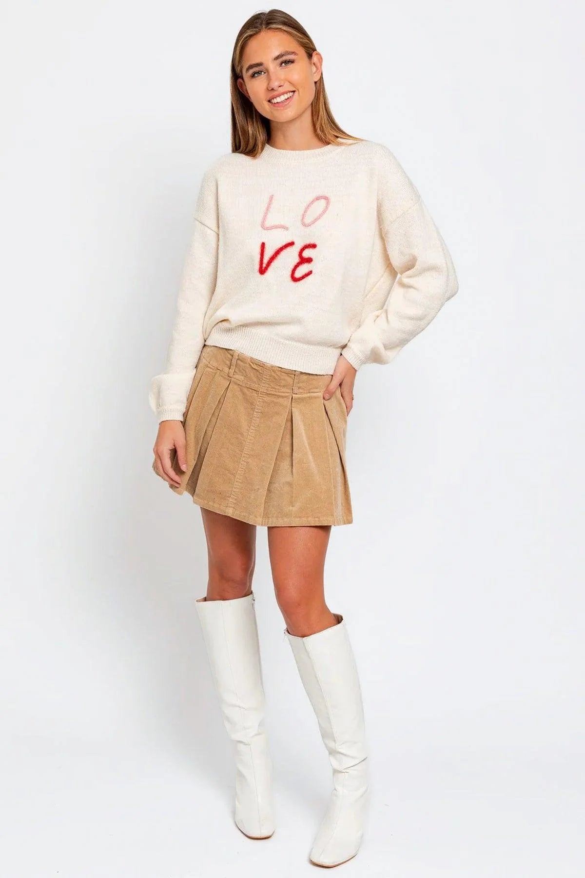 Round Neck Recycled Poly Mix "LOVE" Knit Sweater