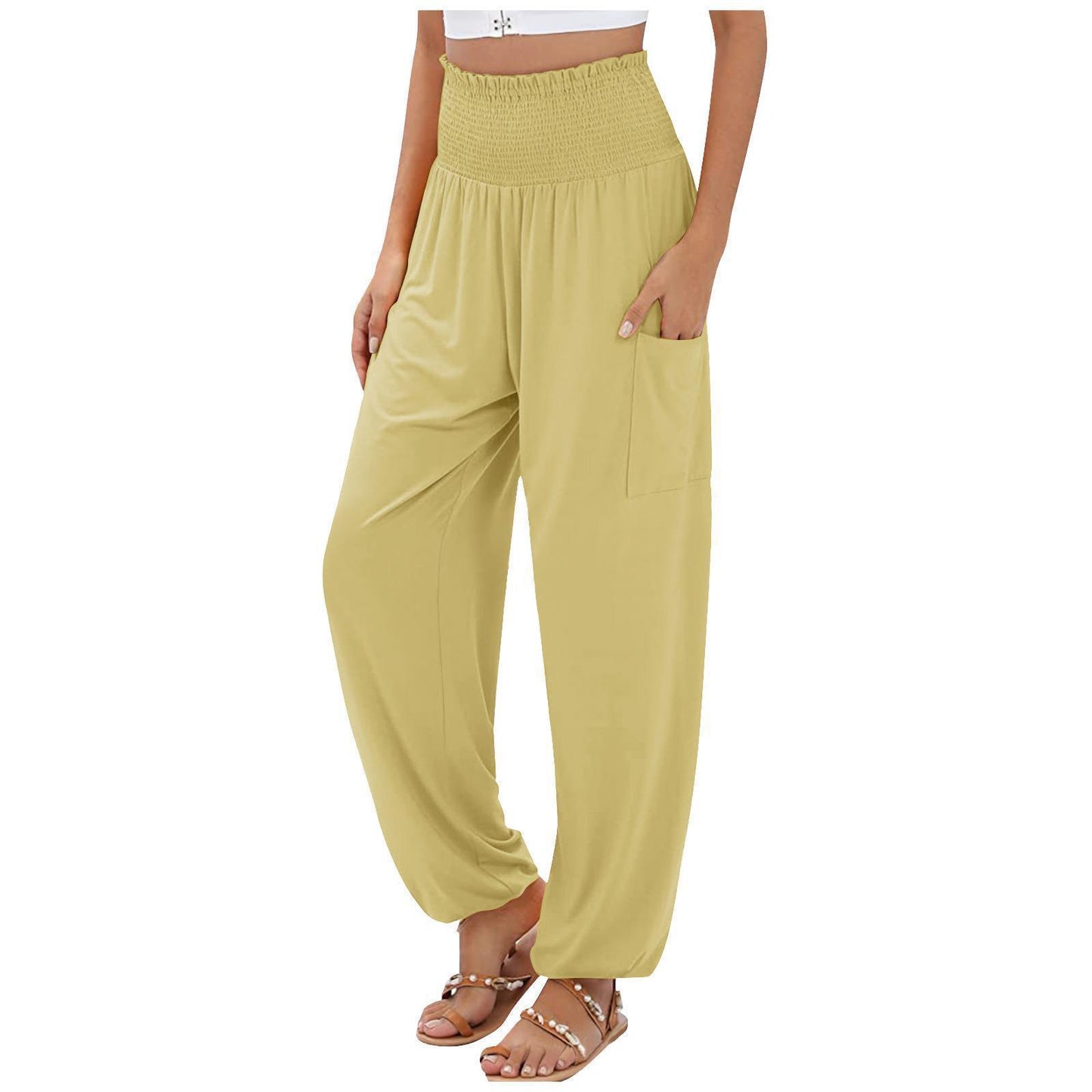 Elastic-waist High Waist Wide-leg Casual Trousers