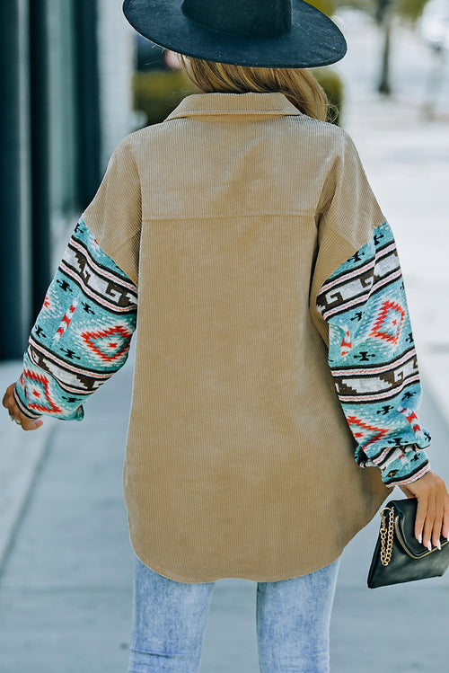 Aztec Pattern Sleeve Khaki Corduroy Shacket