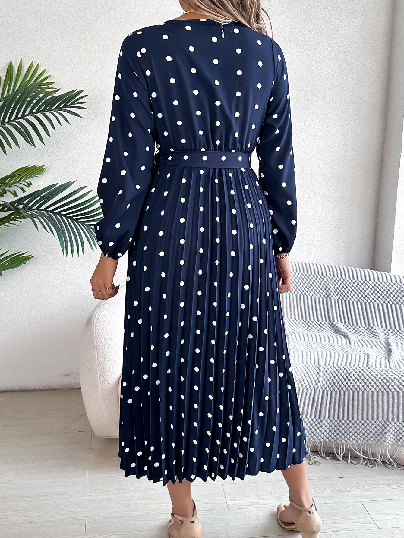 Elegant Contrast Color Polka Dot Cross V-neck Pleated Maxi Dress For Women