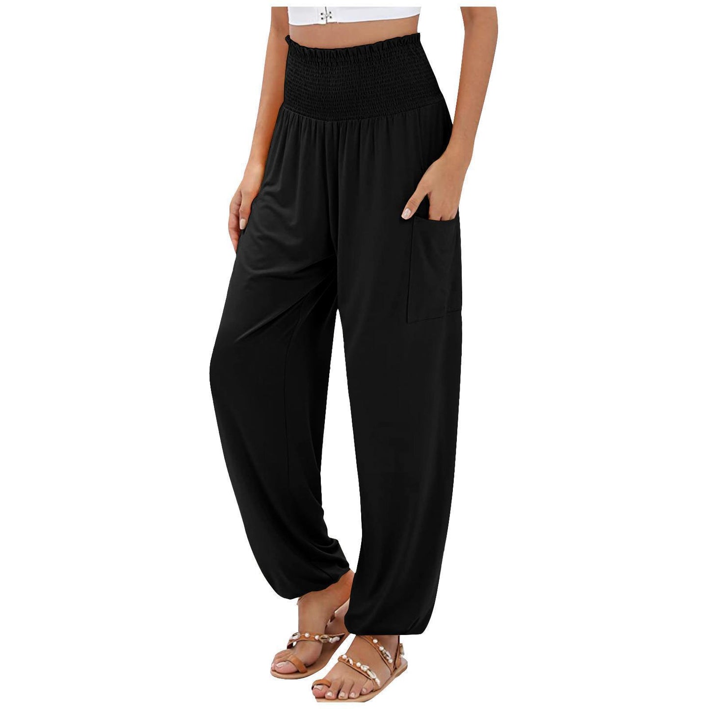 Elastic-waist High Waist Wide-leg Casual Trousers