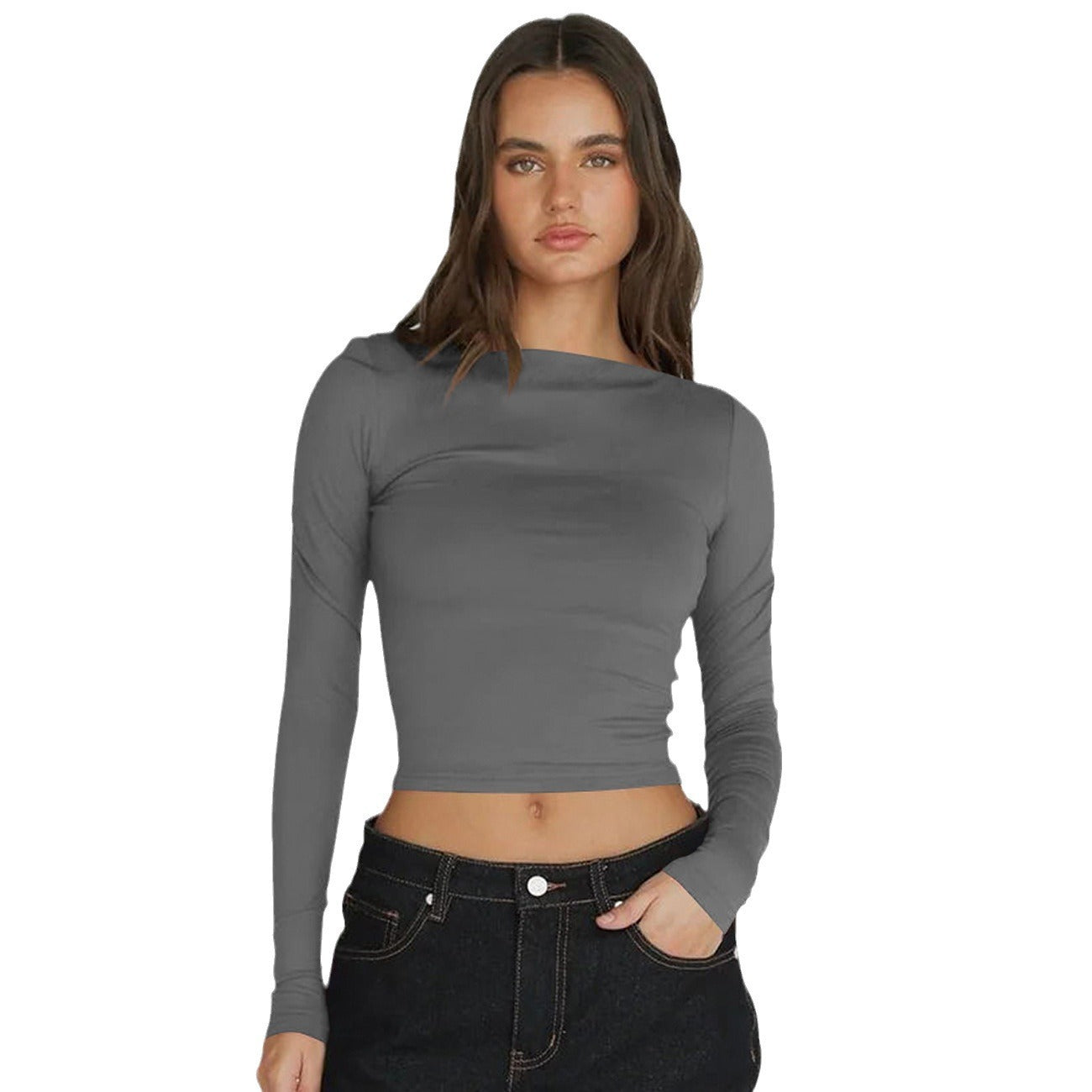 Off-neck Navel Solid Color Versatile Top