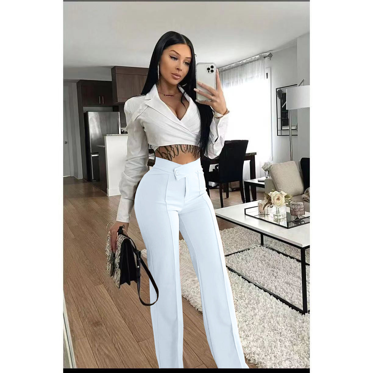 New Women's Clothing Hot Girl Temperament Slimming White High-waist Straight-leg Pants