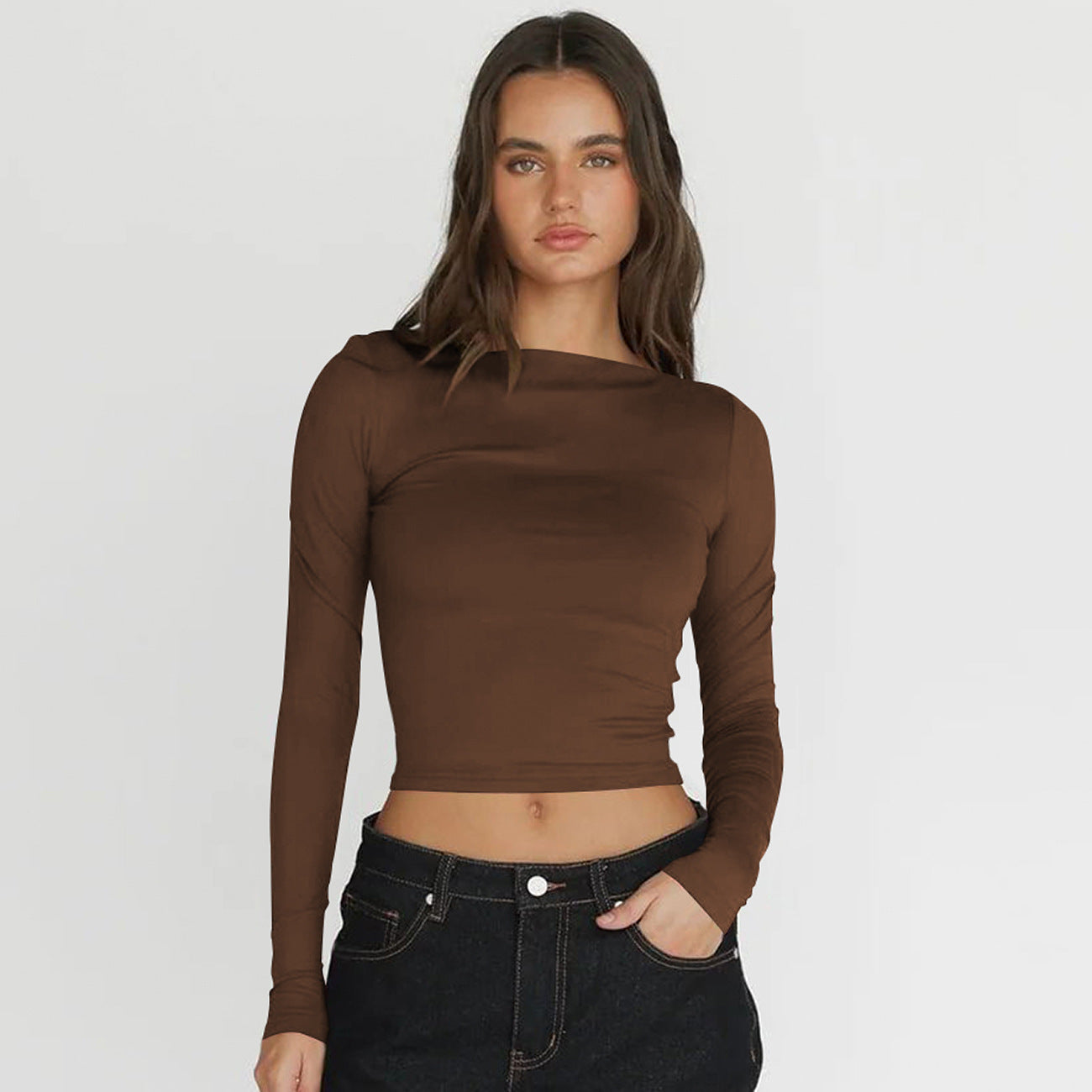 Off-neck Navel Solid Color Versatile Top