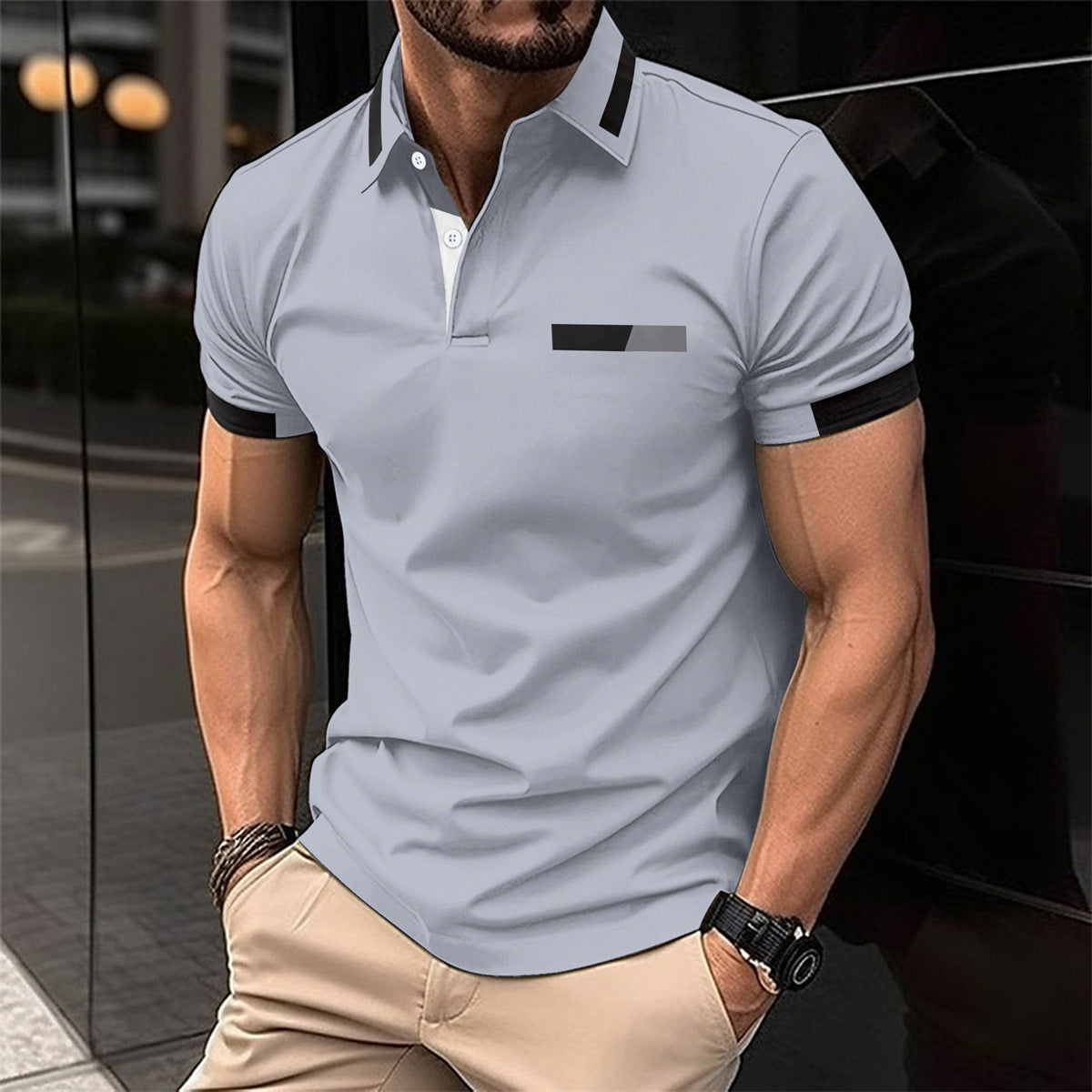 Men's Casual Polo Shirt Chest Faux Pocket Lapel Button Business T-shirt