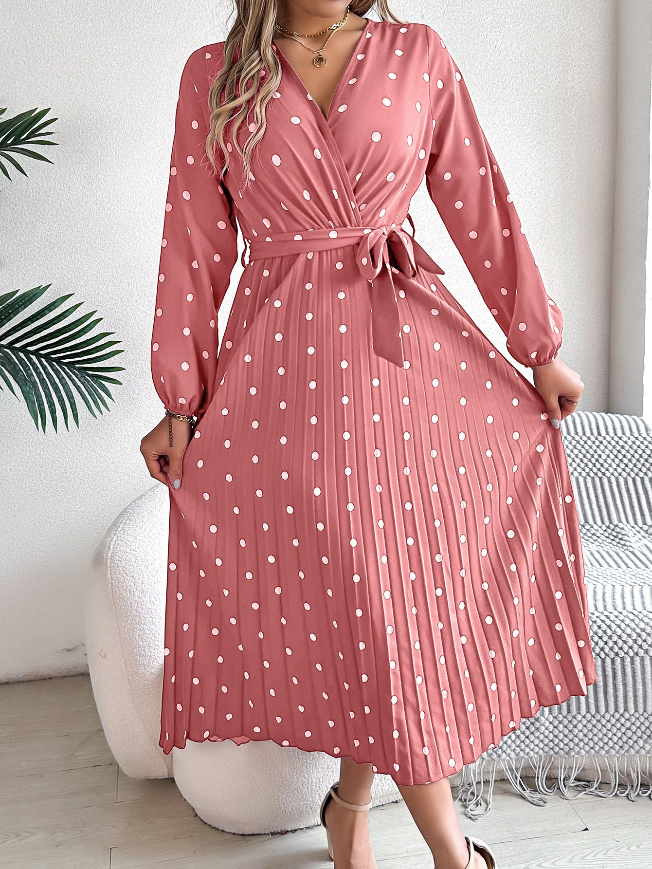 Elegant Contrast Color Polka Dot Cross V-neck Pleated Maxi Dress For Women