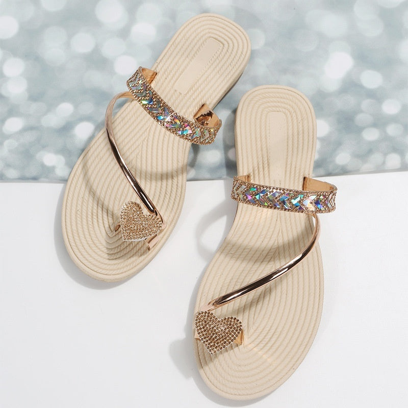 Rhinestone Heart-shaped Flip-flops Minimalist Flat