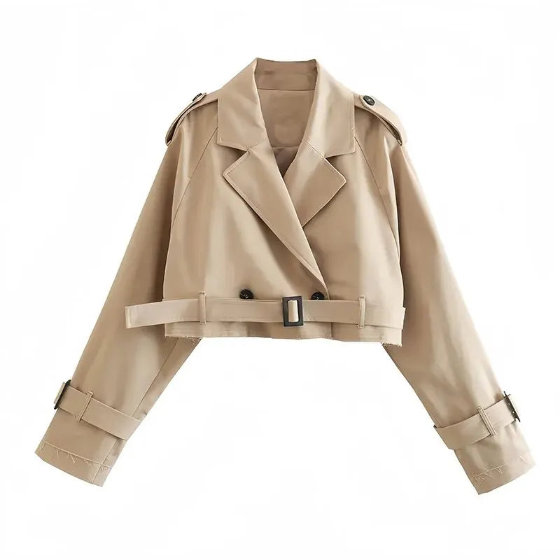 Khaki Women'S Casual Lapel Double Breasted Trench Jacket Autumn Winter Fashion Jacket Cropped Pea Coat Outwear with Belt