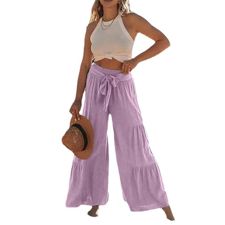 Women's Fashion Tie Stitching High Waist Crimp Casual Loose Pants